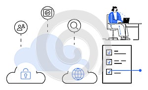 Cloud Computing Concept with Data Security, Networking, and Remote Work Connections
