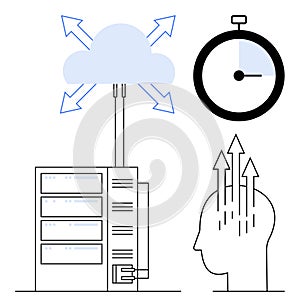 Cloud Computing Concept with Data Server, Stopwatch, and Innovation Symbols for Technology