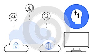 Cloud Computing Concept with Security, Communication, Web Connectivity, and Data Visualization Icons