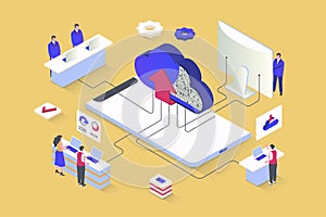 Cloud computing concept in 3d isometric design. Network computing technology, data storage and upload, secure access to database