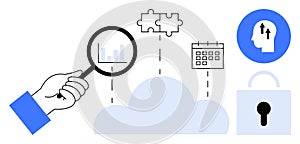 Cloud computing concept with data analysis, security, puzzle integration, and scheduling icons