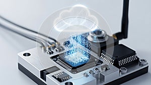 Cloud computing concept with data flowing to a microchip on a circuit board design