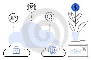 Cloud Computing Concept with Data Security, Global Connection, and Financial Growth Insights