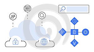 Cloud Computing Concept with Data Storage, Search Tools, and Connectivity Icons