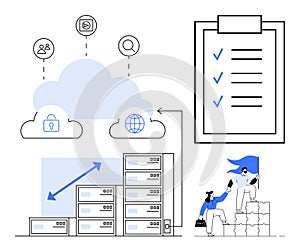 Cloud Computing Concept with Data Storage, Security Icons, and Collaborative Teamwork Visualization