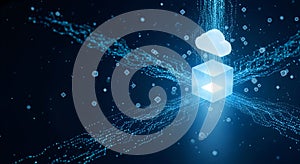 Cloud computing concept with data streams and digital cube in blue glowing network