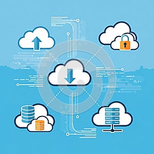 Cloud computing concept with data transfer, storage, and security elements