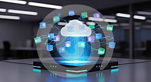 Cloud Computing Concept: Data Transfer from Cloud to Platform with Cubes and Blue Light