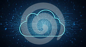 Cloud computing concept depicted through a blue digital illustration. A cloud-