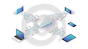 A cloud computing concept with devices connected to a central cloud server