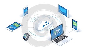 A cloud computing concept with devices connected to a central cloud storage system
