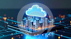 Cloud computing concept with digital city and tablet, data transfer