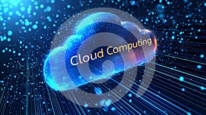 Cloud computing concept with digital cloud and glowing data streams