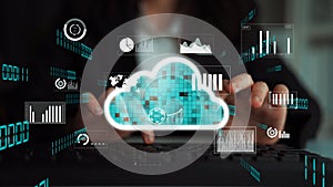 Cloud computing concept with digital data analysis displaying graphs and statistics for modern technology and business