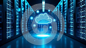 Cloud computing concept with digital data flow in a modern server room, representing global network infrastructure