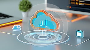 Cloud computing concept with digital cloud icon and data graph on futuristic interface, bright technology background