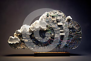 Cloud computing concept. Electronic components circuit board in shape of cloud. Cloud storage. Generative AI