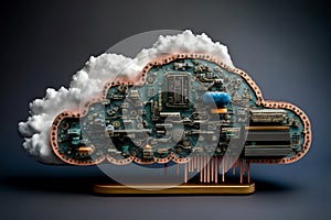 Cloud computing concept. Electronic components circuit board in shape of cloud. Cloud storage. Generative AI