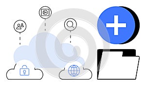 Cloud Computing Concept with File Sharing, Data Storage, and Security Icons