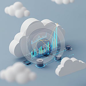 Cloud computing concept featuring 3D cloud icons floating in space. A holographic