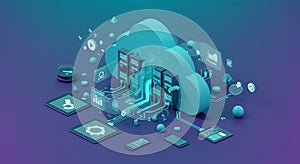 Cloud computing concept featuring digital servers embedded within a stylized