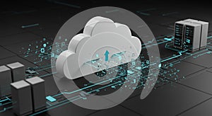 Cloud computing concept featuring a large 3D cloud symbol at the center on a digital