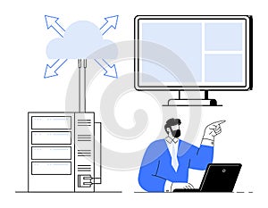 Cloud Computing Concept Featuring Server, Cloud Storage, and Business Professional