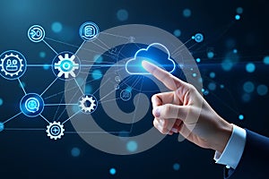 Cloud Computing Concept with Finger Touching Cloud Icon on Digital Network Background for Data Storage