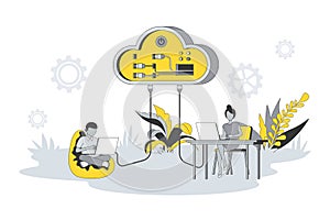 Cloud computing concept in flat line design. Vector illustration