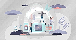 Cloud computing concept, flat tiny person vector illustration