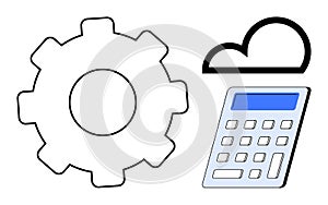 Cloud Computing Concept with Gear, Calculator, and Cloud Icon Technology and Data Management
