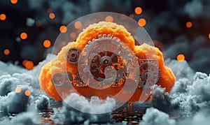 Cloud computing concept with gears and orange clouds representing technology and innovation