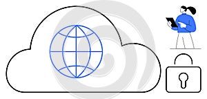 Cloud Computing Concept with Global Connection, Security Lock, and Female Professional Holding Tablet