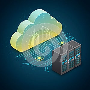 Cloud computing concept with a glowing blue and yellow cloud connected to a black