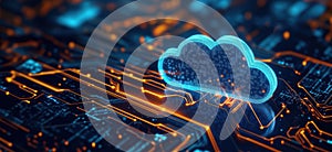 Cloud computing concept with glowing circuit board and digital data representation
