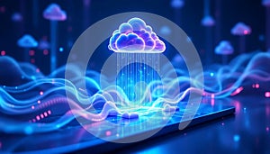 Cloud computing concept with glowing data streams connecting to a digital platform. futuristic technological network