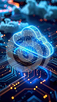 Cloud Computing Concept with Glowing Cloud Icon and Circuit Board Digital Artwork