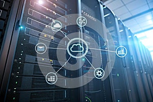 A cloud computing concept with glowing icons and connections