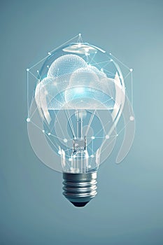 Cloud Computing Concept Glowing Cloud Inside Light Bulb with Network Connection on Blue Background
