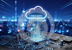 A cloud computing concept with a glowing cloud over a circuit board