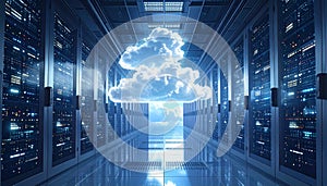 Cloud Computing Concept with Glowing White Cloud in Modern Data Center Server Room