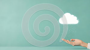 Cloud Computing Concept, Hand holding a glowing cloud icon, symbolizing data storage and cloud technology
