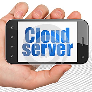 Cloud computing concept: Hand Holding Smartphone with Cloud Server on display