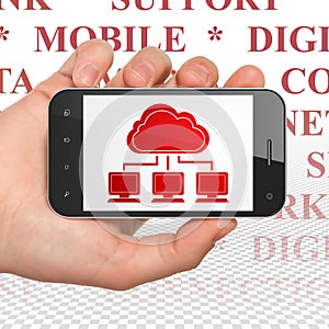 Cloud computing concept: Hand Holding Smartphone with Cloud Network on display