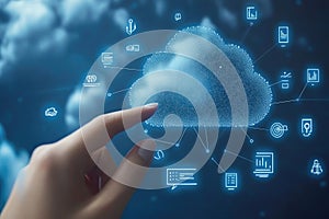 Cloud computing concept with a hand interacting with digital icons representing data storage and technology advancements.