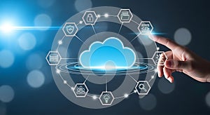 Cloud computing concept with hand touching digital icon to access server database and network storage