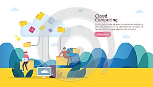 Cloud computing concept. Hosting network service or Online database storage system with people character for web landing page