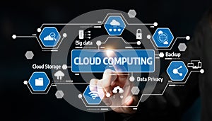 Cloud Computing Concept with Icons Representing Big Data, Backup, Data Privacy, Cloud Storage, and Connectivity on a