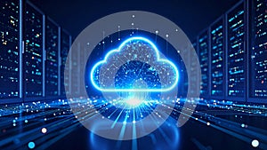Cloud computing concept with illuminated cloud and data servers in a data center.