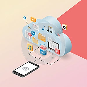 Cloud computing concept illustration with 3D elements. A large blue cloud contains